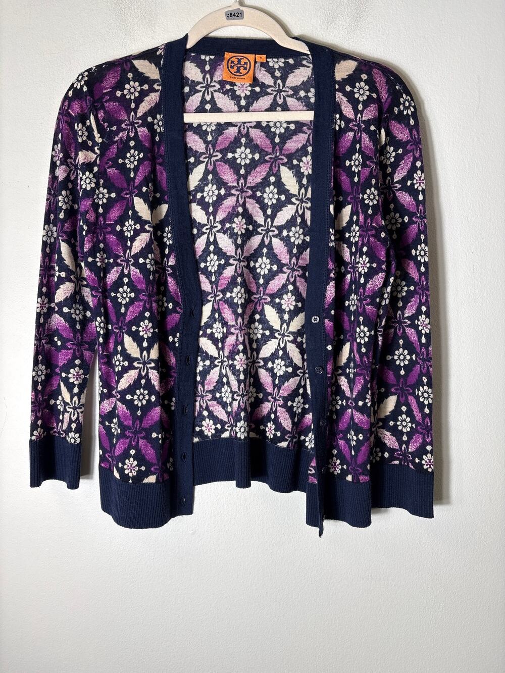 Tory Burch Purple Off White Long Sleeve Wool Cardigan Sz M